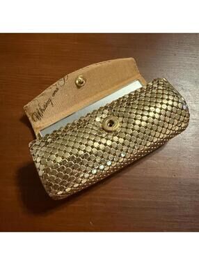 Whiting and Davis Vintage Gold Tone Mesh Lipstick Case Holder With Mirror